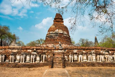 Wat Maheyong Tapınağı 'ndaki tuğla çedi harabelerinde sıra sıra fil heykelleri. Ayutthaya, Tayland 'ın tarihi mimarisi 