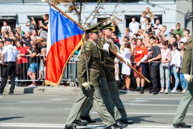 KIEV, UKRAINE - AUGUST 24, 2021: Military parade in Kiev, dedicated to the Independence Day of Ukraine, 30th anniversary. Marching NATO military troops from Czech Republic Czechia on Khreshchatyk street clipart