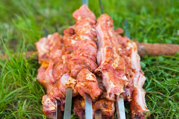 Beaucoup de brochettes avec du kebab cru shish — Photo