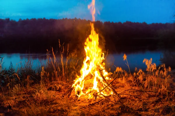 Grand feu de camp la nuit dans la forêt — Photo