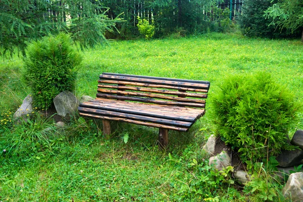 Ξύλινο παγκάκι στο πράσινο πάρκο — Φωτογραφία Αρχείου