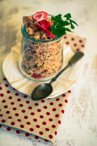 Healthy breakfast with strawberry. Toned image — Stock Photo, Image