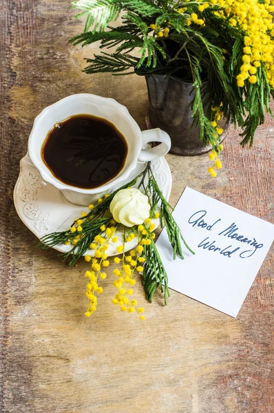 Káva a mimózy květiny — Stock fotografie