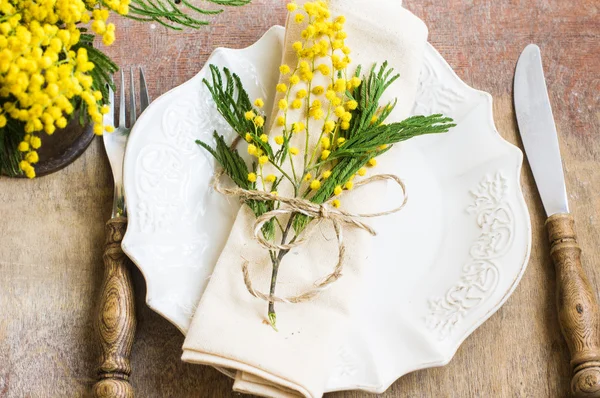 Easter time table etting with mimosa — Stock Photo, Image