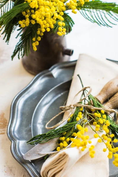 Påsk tid tabell etting med mimosa — Stockfoto