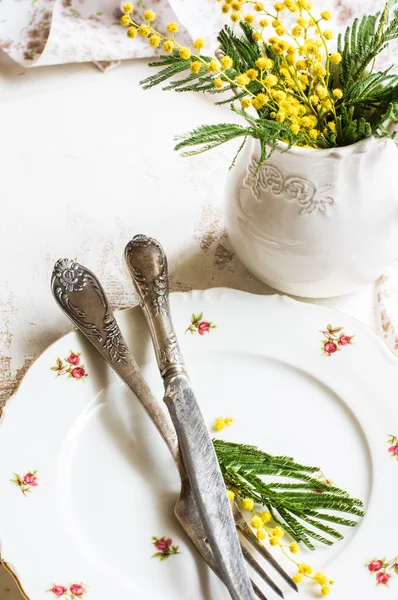 Apparecchiatura della tavola con fiori mimosa — Foto Stock