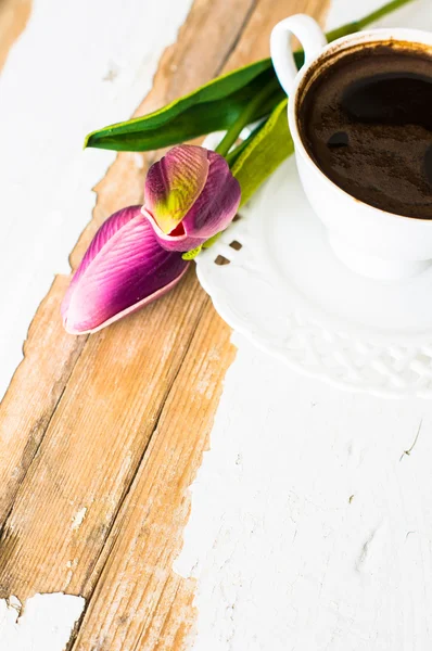 Tasse Kaffee mit Tulpenblume — Stockfoto