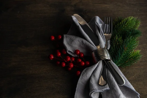 Christmas Cutlery Set Napkin Holiday Decoration Wooden Table — Stock Photo, Image