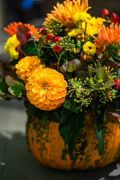 Autumnal Floral Frame Made Bright Yellow Red Flowers — Stock Photo, Image