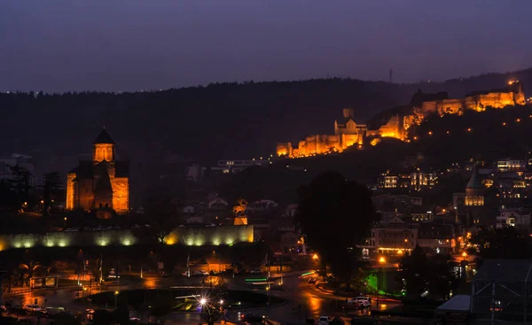 Metekhi Cathedral Narikala Castle Foggy Night One Most Famous Touristic — Stock Photo, Image