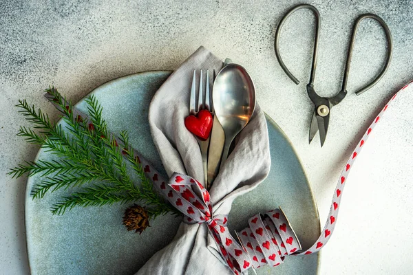 Valentine Day Card Concept Cutlery Set Rustic Background Copy Space — Stock Photo, Image