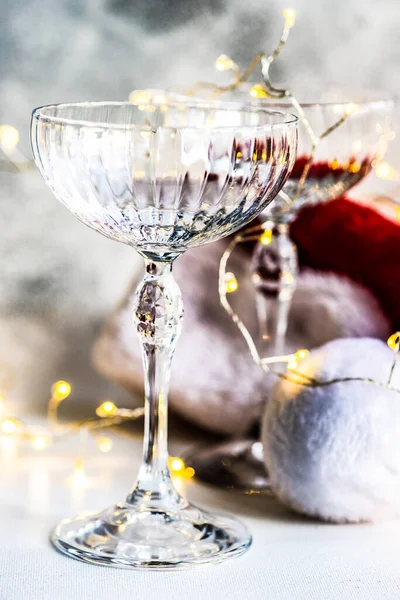 Jul Och Nyårsfest Med Champagneglas Och Ljus — Stockfoto