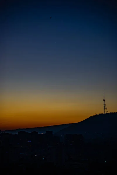 Sunrise Time Tbilisi Downtown Bright Blue Sky Red Sun — Stock Photo, Image