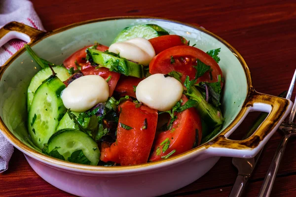 Greek Salad Fresh Vegetables Cheese Served Bowl Wooden Table — Stock Photo, Image