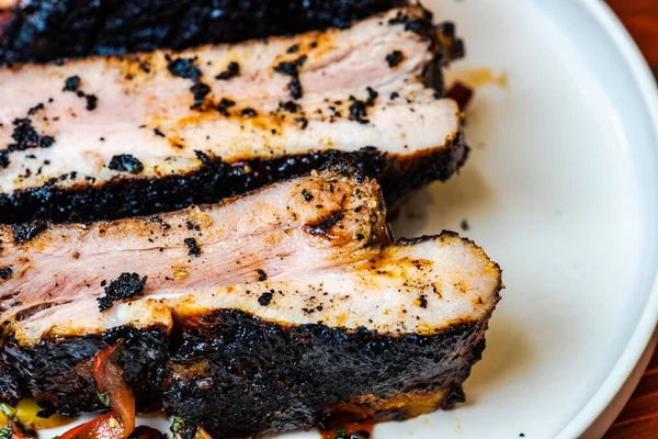 Roasted Pork Meat Vegetables Wooden Table — Stock Photo, Image