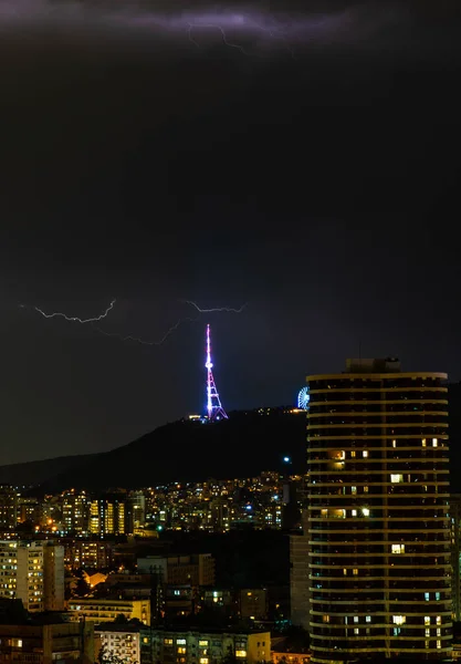 Noční Bouře Obloze Nad Centrem Tbilisi Georgii — Stock fotografie