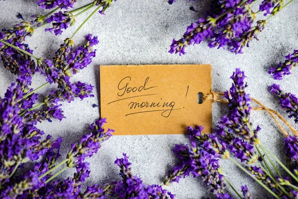 Good Morning Note Fresh Lavender Flowers Frame Summer Background — Stock Photo, Image