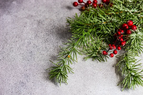Christmas Card Concept Pine Tree Branches White Concrete Background — Φωτογραφία Αρχείου