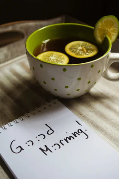 Cup of tea and Good morning note — Stock Photo, Image