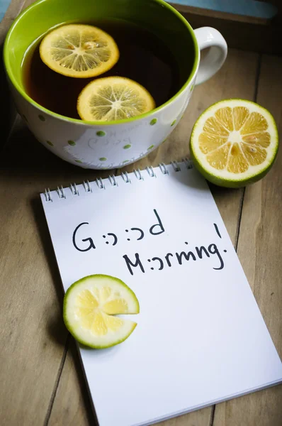 Kopp te och god morgon Observera — Stockfoto