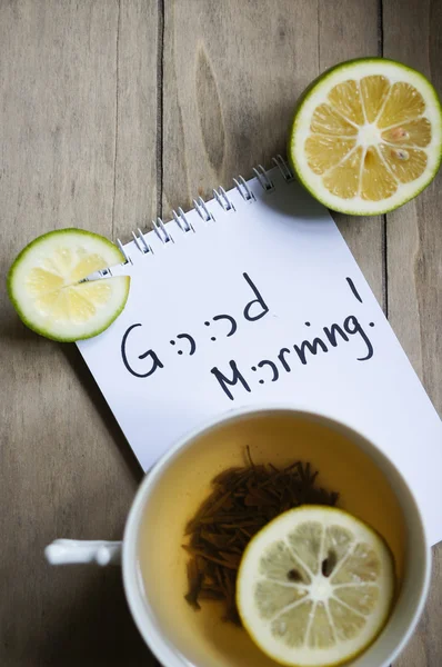 Cup of tea and Good morning note — Stock Photo, Image