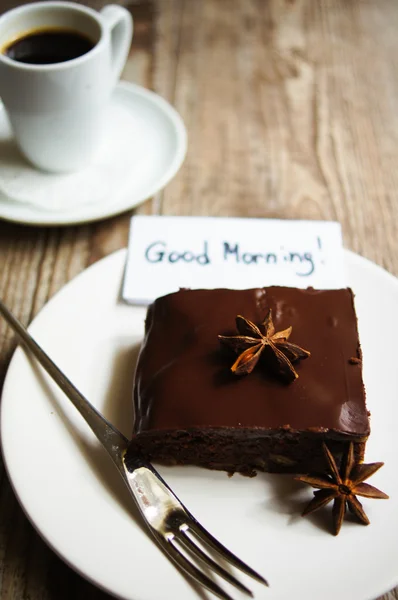 Brownie cake with coffee — Stock Photo, Image