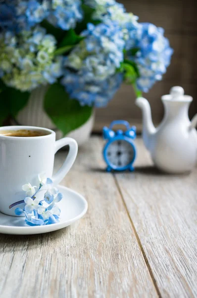 Hortensia azul flores y café — Foto de Stock