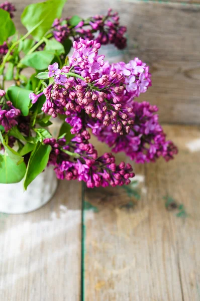 Lila blommor i en rustik interiör — Stockfoto