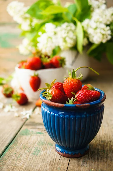 Erdbeeren und weiße Fliederblüten — Stockfoto