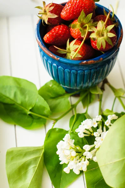 Fresas y flores lila blanca —  Fotos de Stock