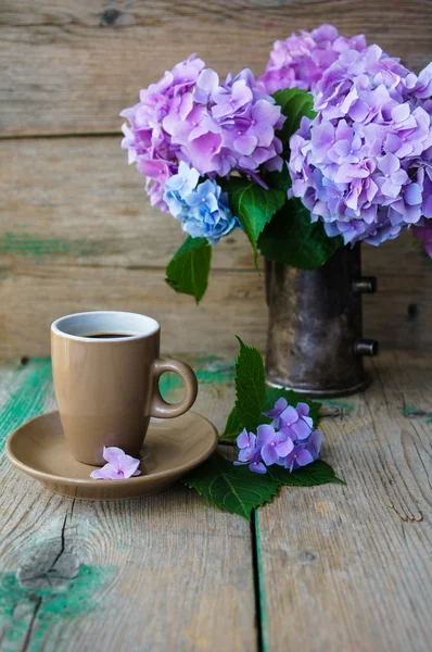 Hortênsia flores e café — Fotografia de Stock
