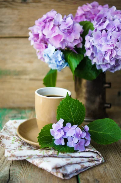 Hydrangea flowers and coffee — Stock Photo, Image