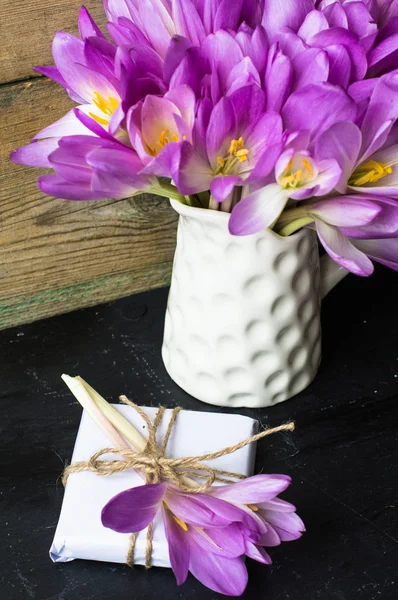 Crocuses on the rustic background — Stock Photo, Image