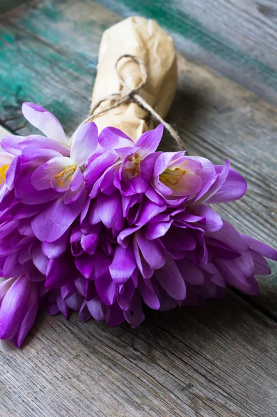 Crocuses on the rustic background — Stock Photo, Image