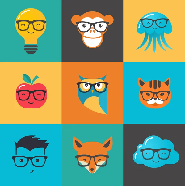 Geek, nerd, iconos hipster inteligentes - animales y símbolos — Vector de stock