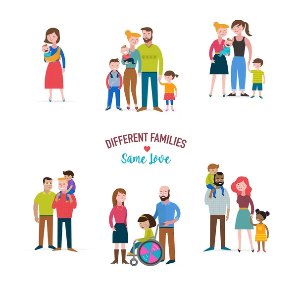 Gay famille, différents types de familles, enfants ayant des besoins spéciaux, mélangé coulpe — Image vectorielle