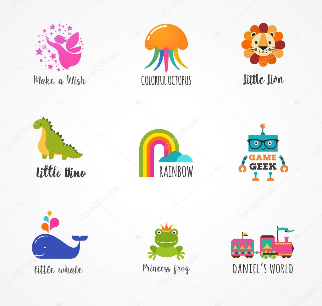 Kids, children icons and logos, childhood elements, play and game