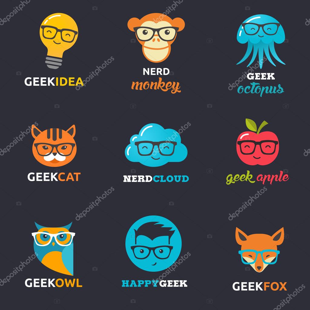 Geek, nerd, smart hipster icons - animals, cloud, boy, man and fox