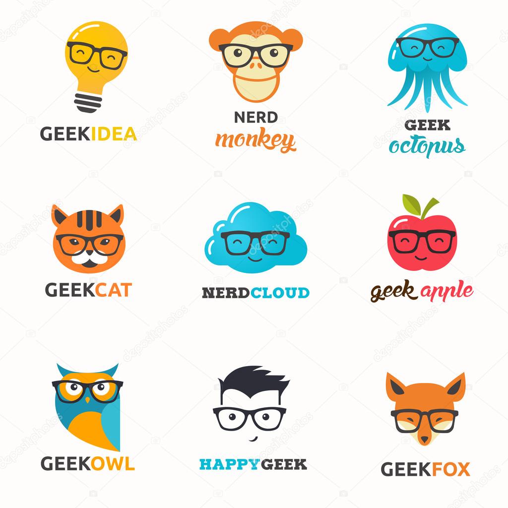 Geek, nerd, smart hipster icons - animals, cloud, boy, man and fox