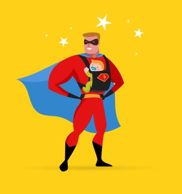 Süper kahraman kostümü taşıyıcı ve bebek ile süper kahraman baba