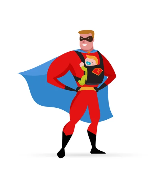 Super eroe papà in costume da supereroe con portatore e bambino — Vettoriale Stock