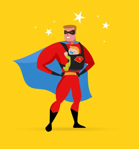 Super héros papa en costume de super-héros avec transporteur et bébé — Image vectorielle