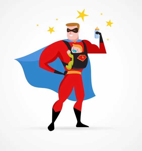 Super hero daddy in superhero costume with carrier and baby — Stock Vector