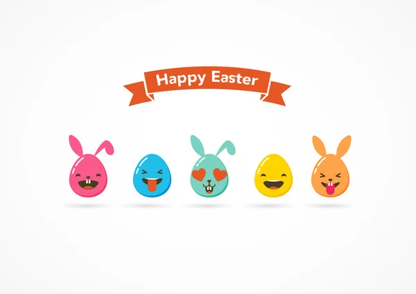 Happy Easter bunny and eggs emoticons, emoji greeting card — Stock Vector