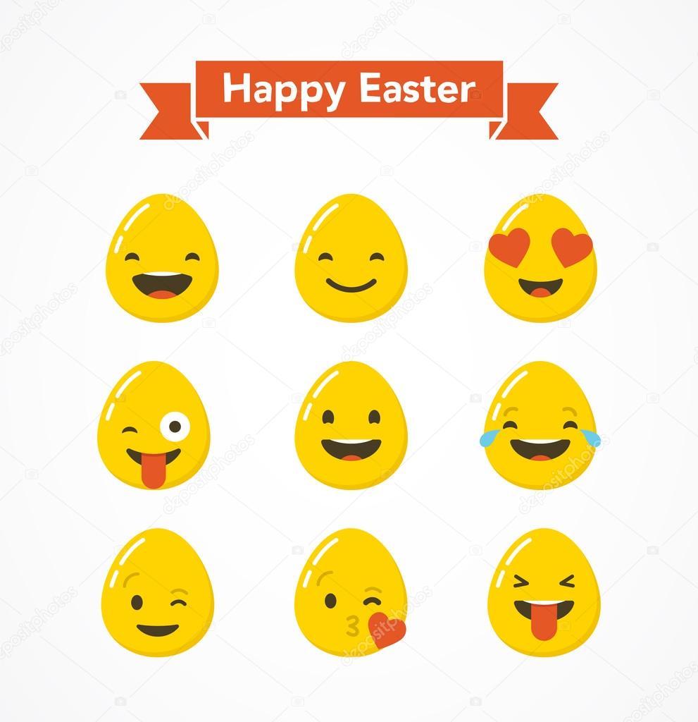 Happy Easter eggs emoticons, emoji set, greeting card
