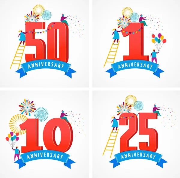 Aniversario - fondo con la gente celebrando iconos y números — Vector de stock