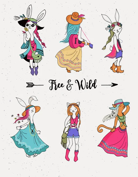Богемские девушки моды, кролики и кошки, стиль бохо — стоковый вектор