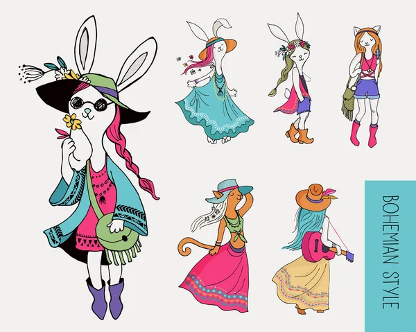 Bohemian fashion girls , bunny and cats, boho style — Stock Vector