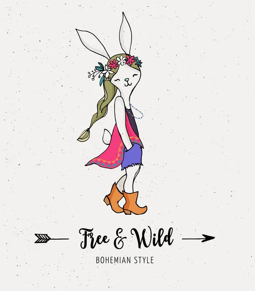 Bohème fille de la mode, lapin, lapin, style boho — Image vectorielle