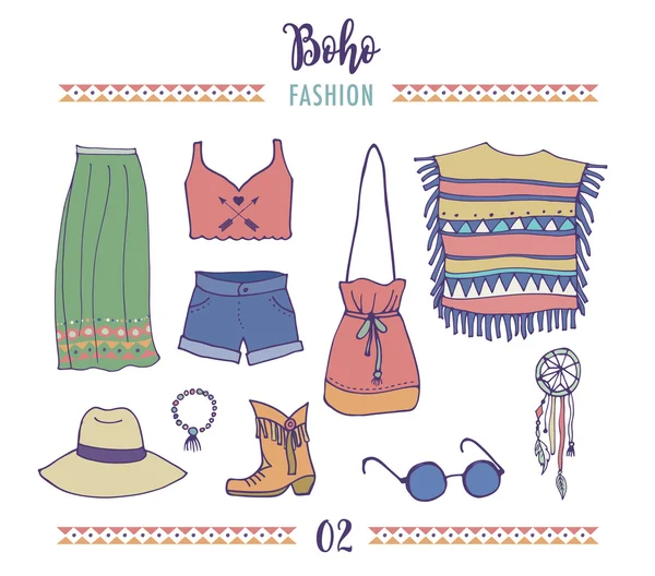 Bohemian fashion stijl set, boho en zigeuner kleding illustratie — Stockvector